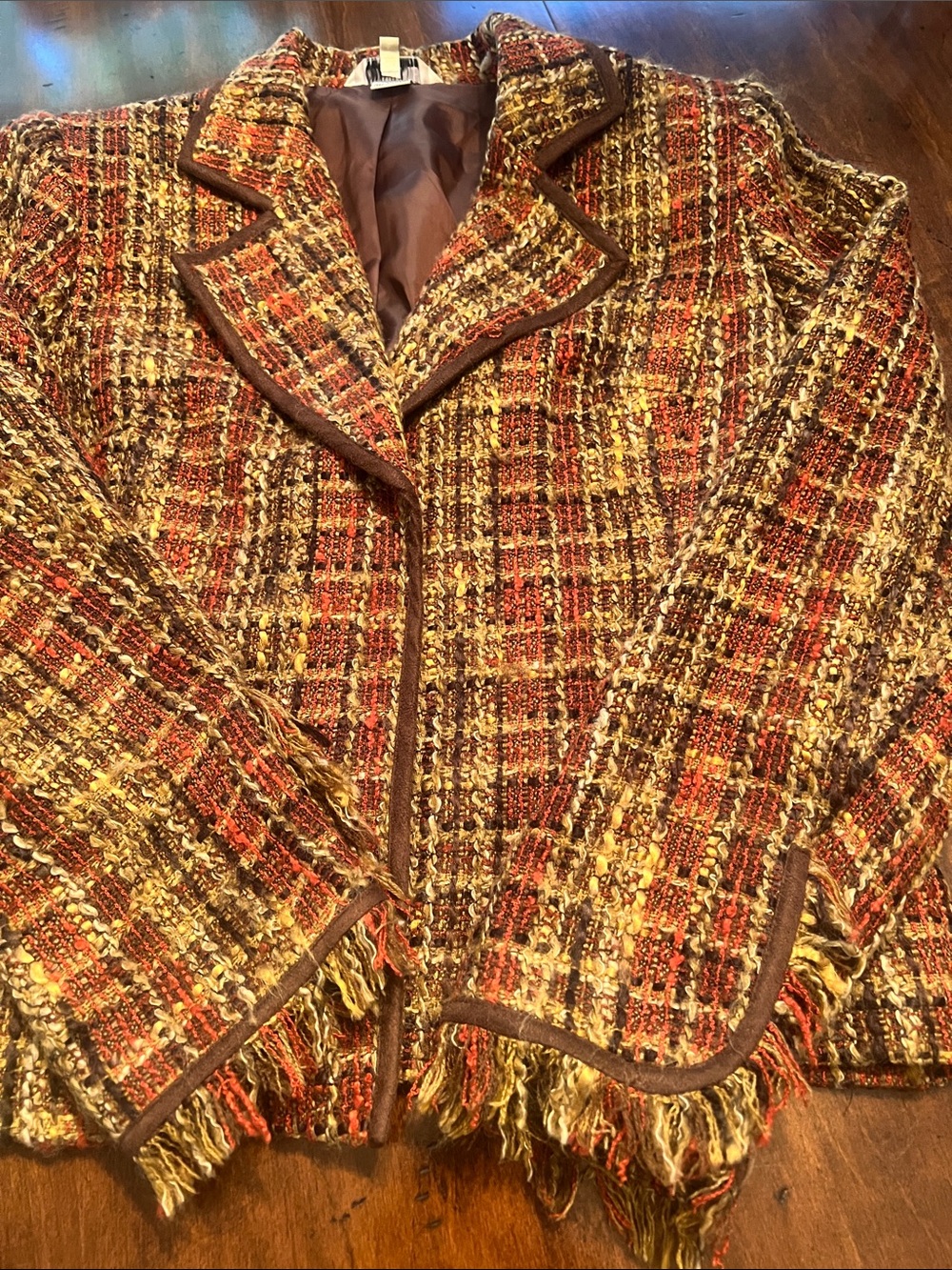 Womens Tweed Fringe Blazer in Brown, Gold & Red